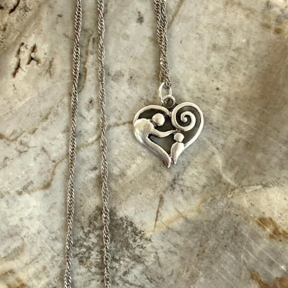 Sterling Silver 925 Mother & Child Scrollwork Heart Pendant Necklace 18" Chain - Picture 1 of 16